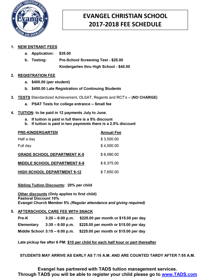 EVANGEL CHRISTIAN SCHOOL 2009-2010 FEE SCHEDULE